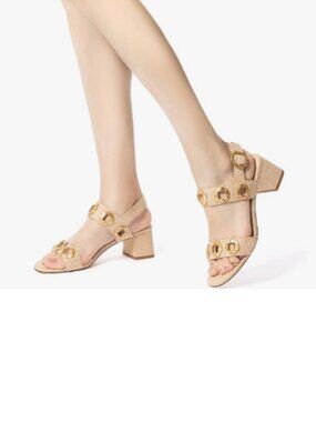 YDN Gold Open Toe Sandals Chunky Dressy Low Heels Backstrap with Buckle Shoe